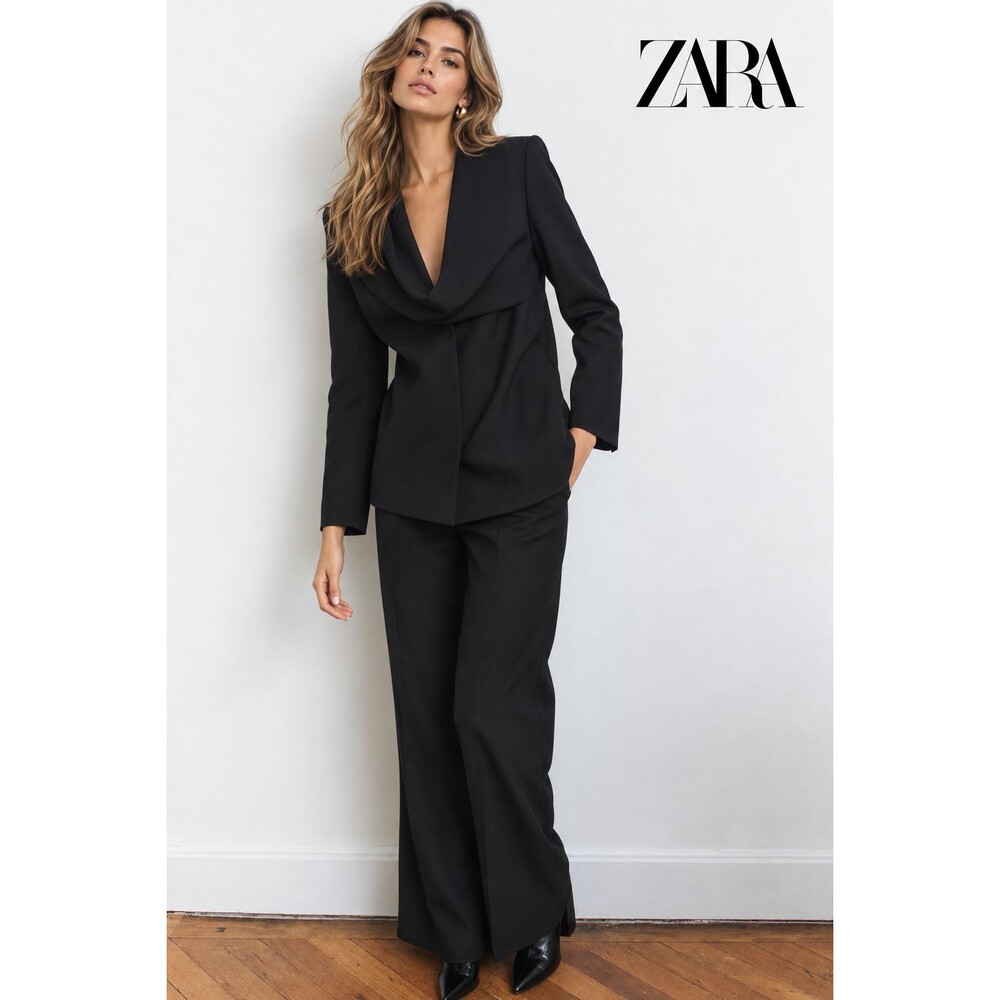 ZARA Women's New Blazer Draped Scarf LARGE Wool Blend Quiet Luxury 9250/453